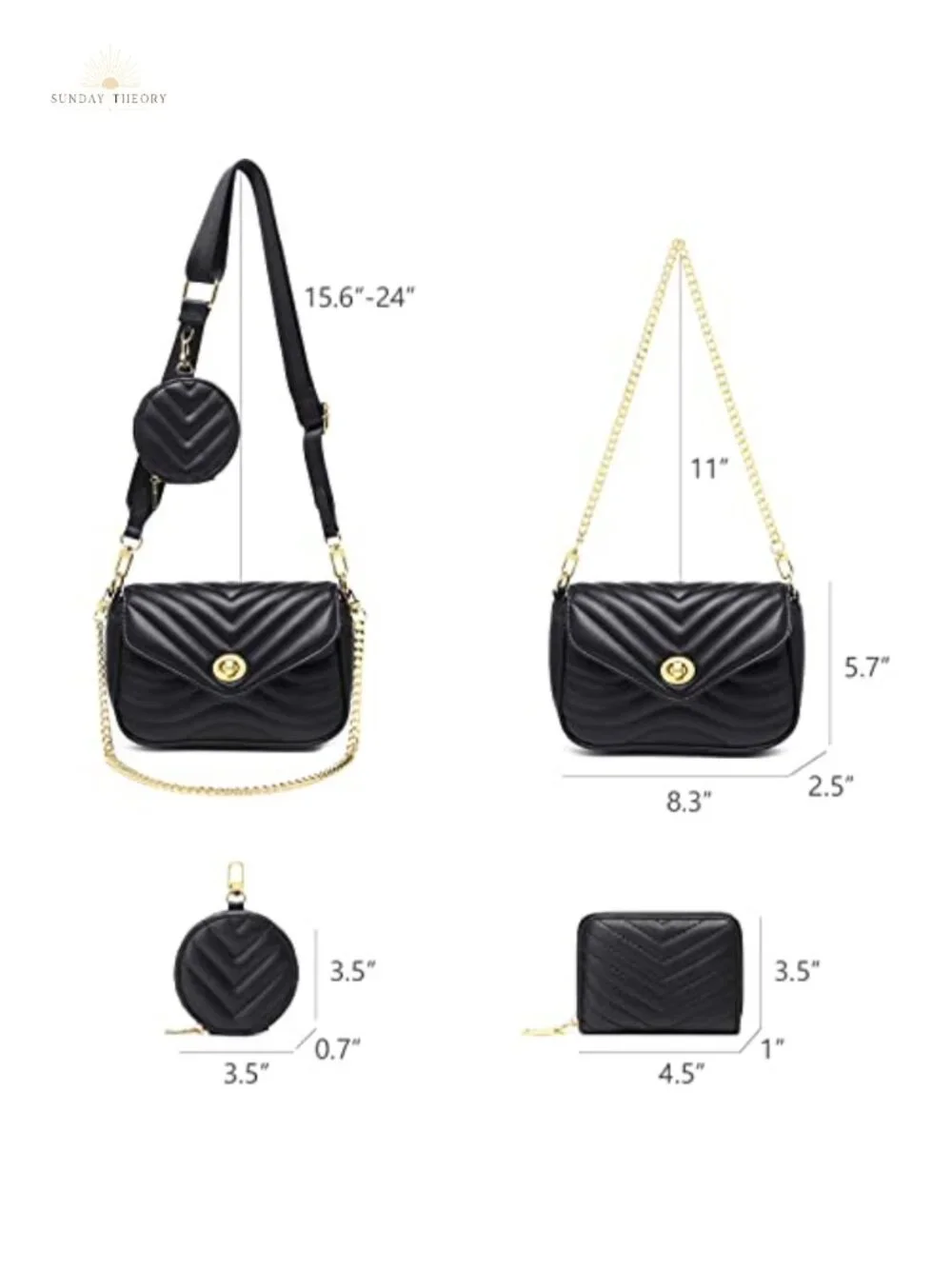 Quilted Faux Leather Crossbody Bag with Chain Strap, 3-Piece Set